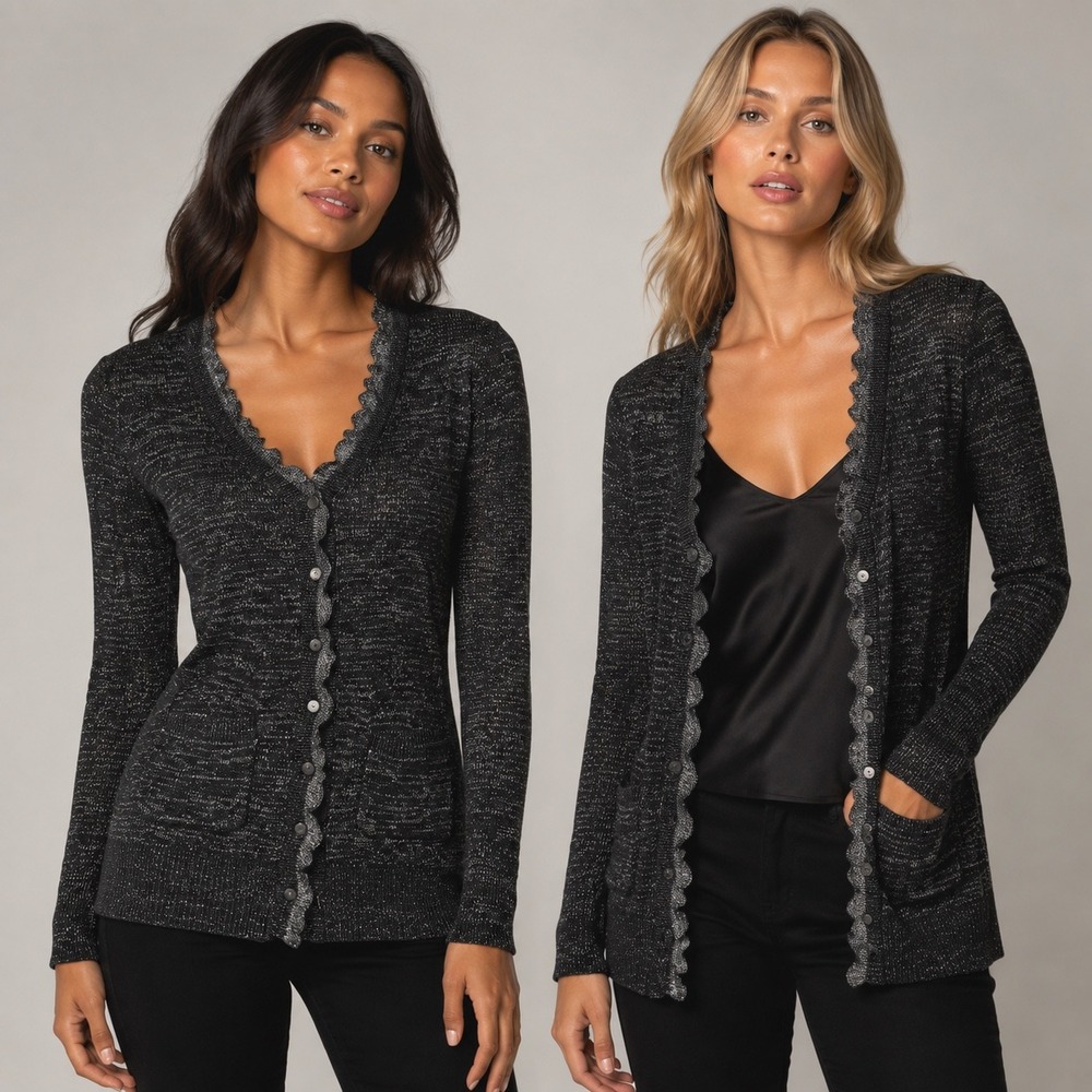 Victoria's Secret S Black Silver Metallic Ruffle Cardigan Y2K Shimmer Glam